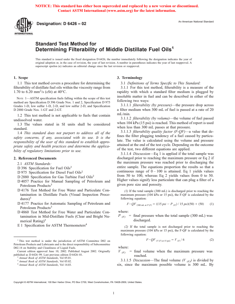 ASTM D6426-02 - Standard Test Method for Determining Filterability of Distillate Fuel Oils