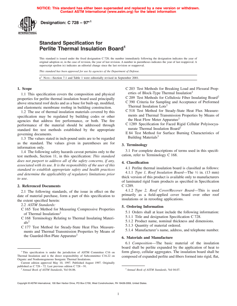 ASTM C728-97e1 - Standard Specification for Perlite Thermal Insulation Board