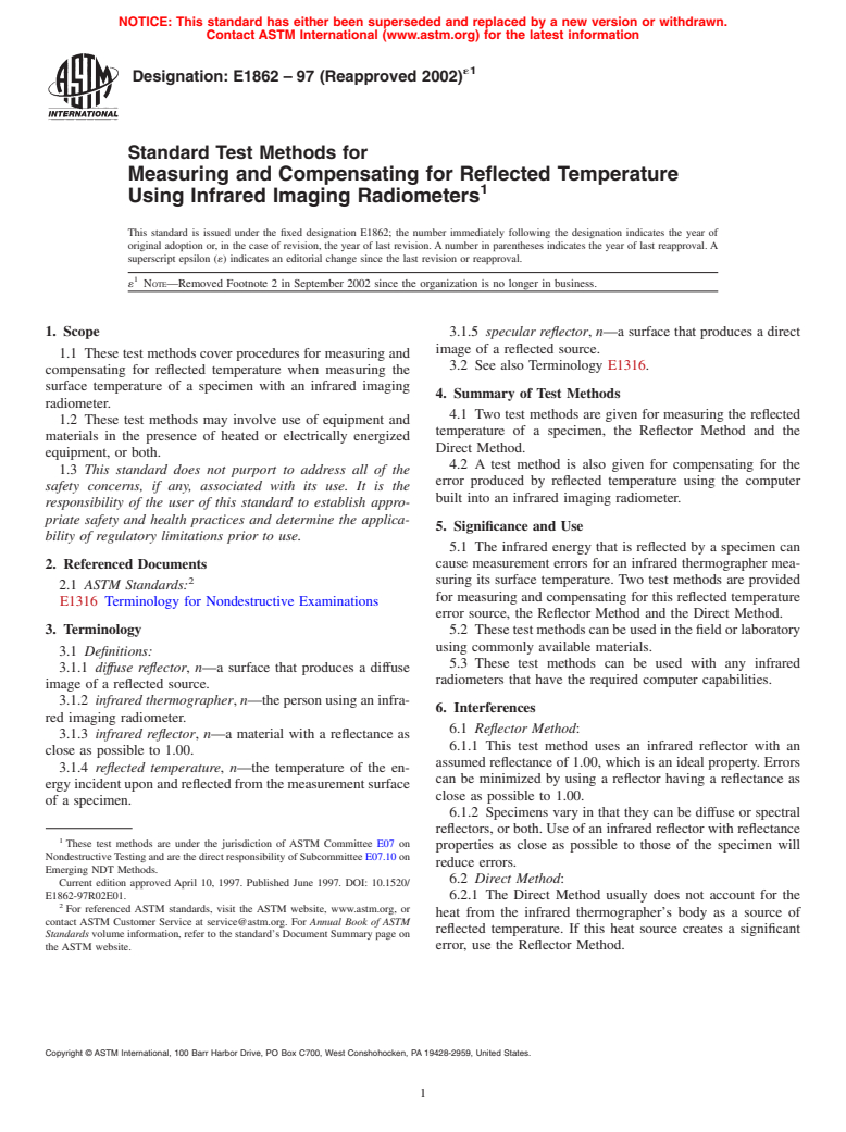 ASTM E1862-97(2002)e1 - Standard Test Methods for Measuring and Compensating for Reflected Temperature Using Infrared Imaging Radiometers