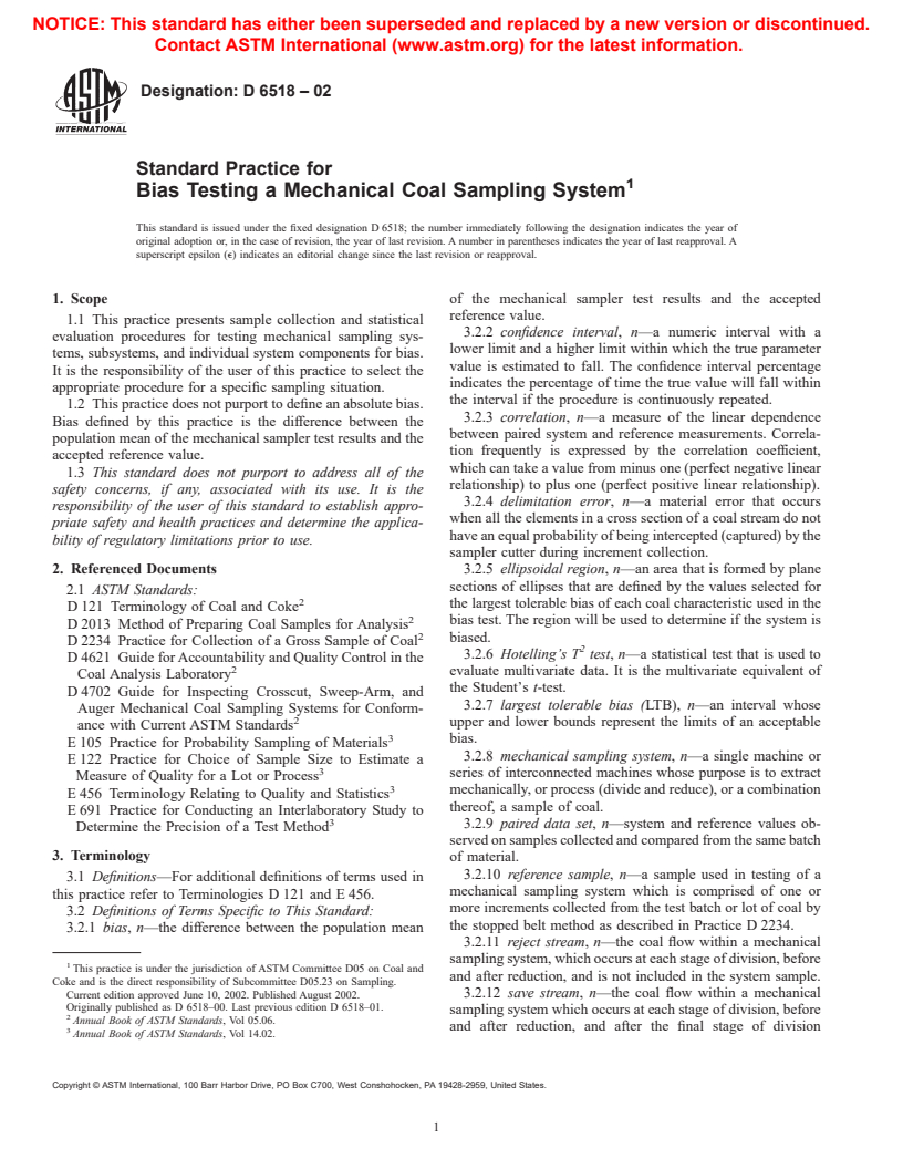 ASTM D6518-02 - Standard Practice for Bias Testing a Mechanical Coal Sampling System