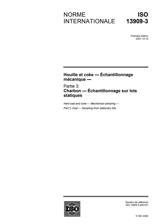 ISO 13909-3:2001 - Houille et coke -- Échantillonnage mécanique