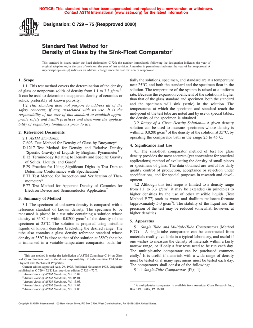 ASTM C729-75(2000) - Standard Test Method for Density of Glass by the Sink-Float Comparator