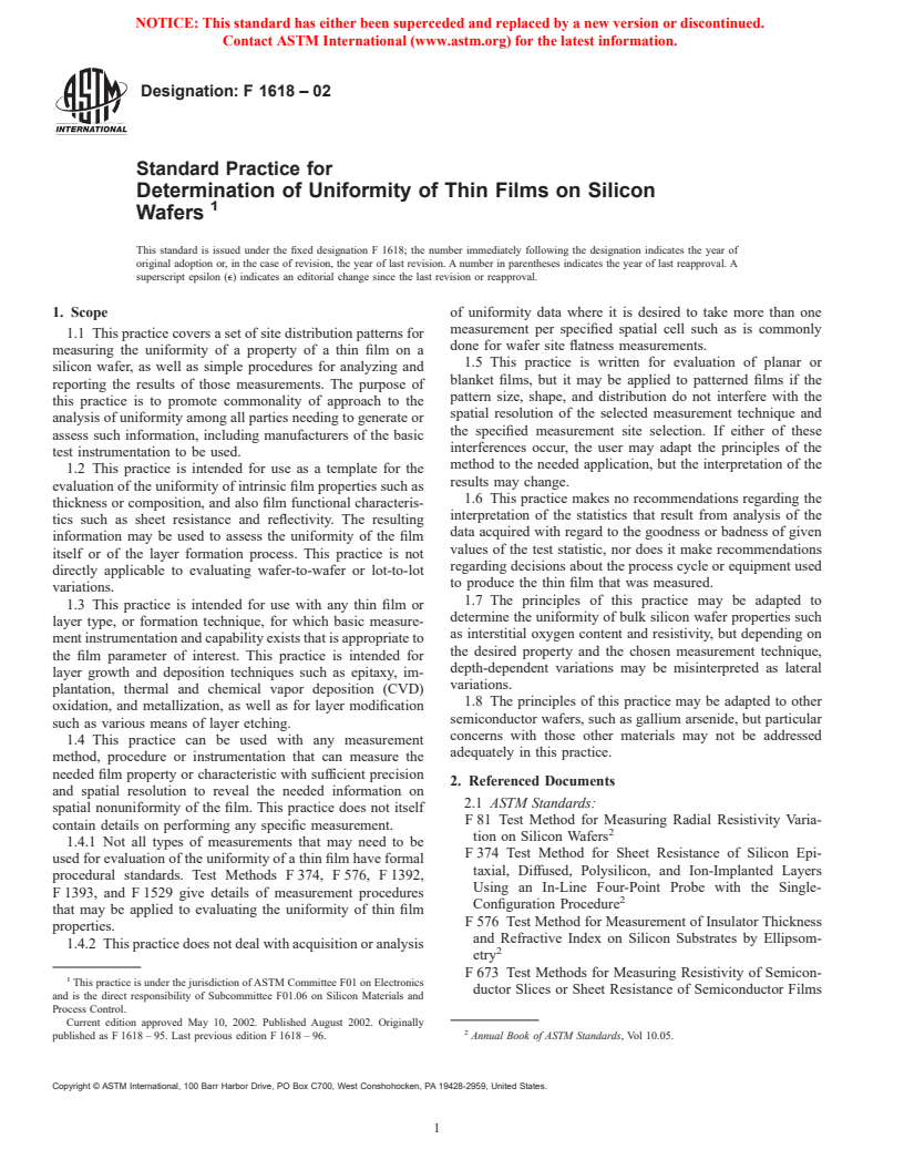 ASTM F1618-02 - Standard Practice for Determination of Uniformity of Thin Films on Silicon Wafers (Withdrawn 2003)