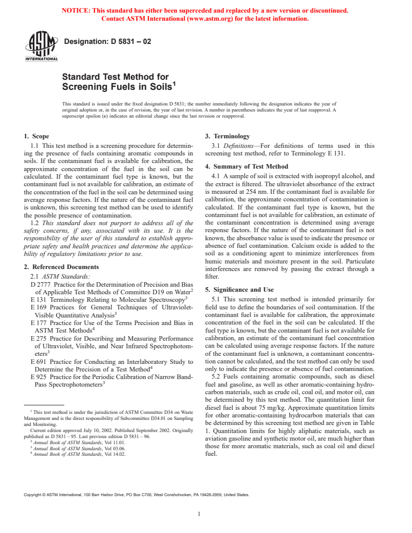 ASTM D5831-02 - Standard Test Method for Screening Fuels in Soils