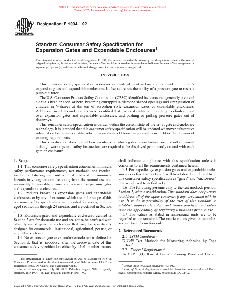 ASTM F1004-02 - Standard Consumer Safety Specification for Expansion Gates and Expandable Enclosures