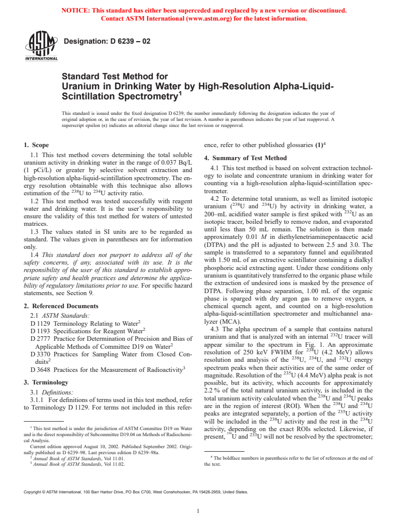 ASTM D6239-02 - Standard Test Method for Uranium in Drinking Water by High-Resolution Alpha-Liquid-Scintillation Spectrometry