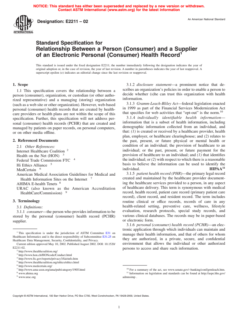 ASTM E2211-02 - Standard Specification for Relationship Between a Person (Consumer) and a Supplier of an Electronic Personal (Consumer) Health Record