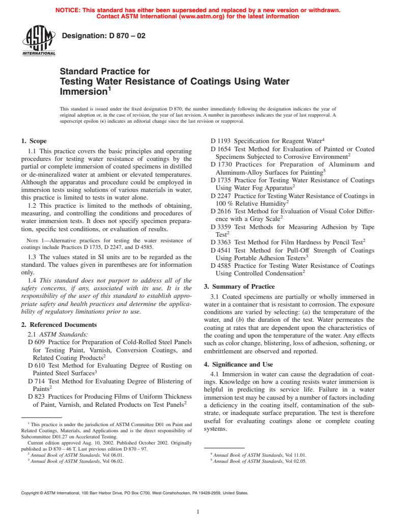 ASTM D870-02 - Standard Practice for Testing Water Resistance of Coatings Using Water Immersion