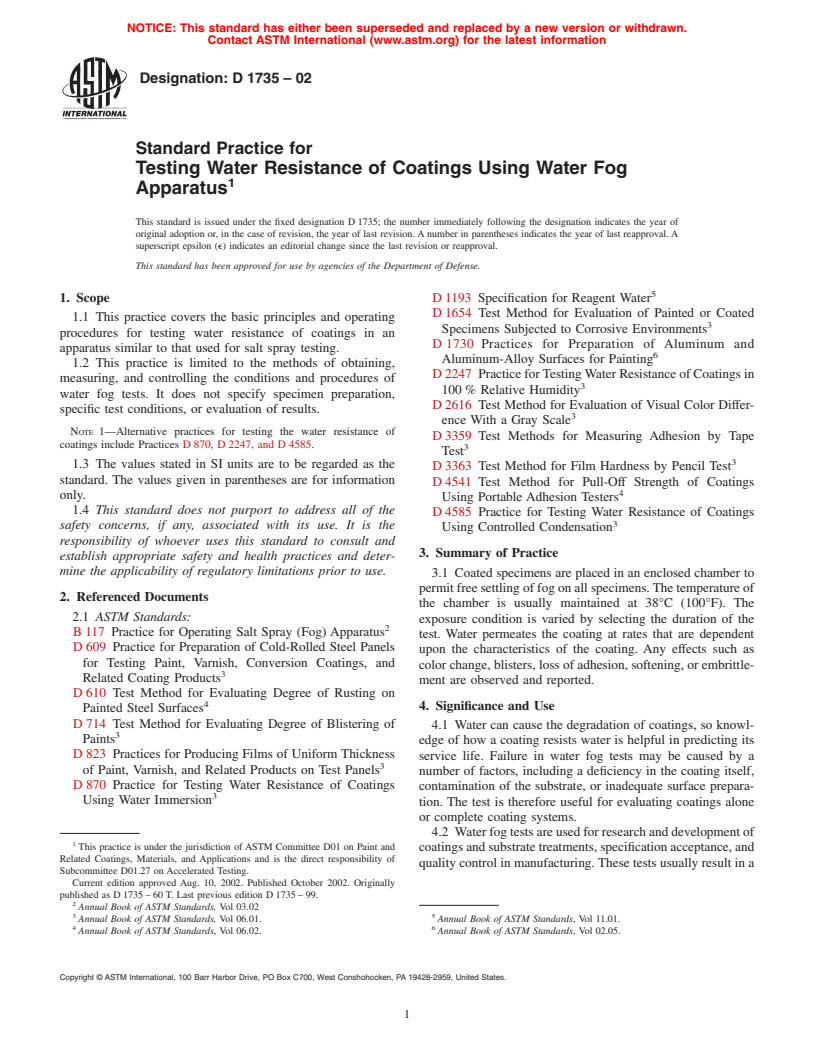 ASTM D1735-02 - Standard Practice for Testing Water Resistance of Coatings Using Water Fog Apparatus