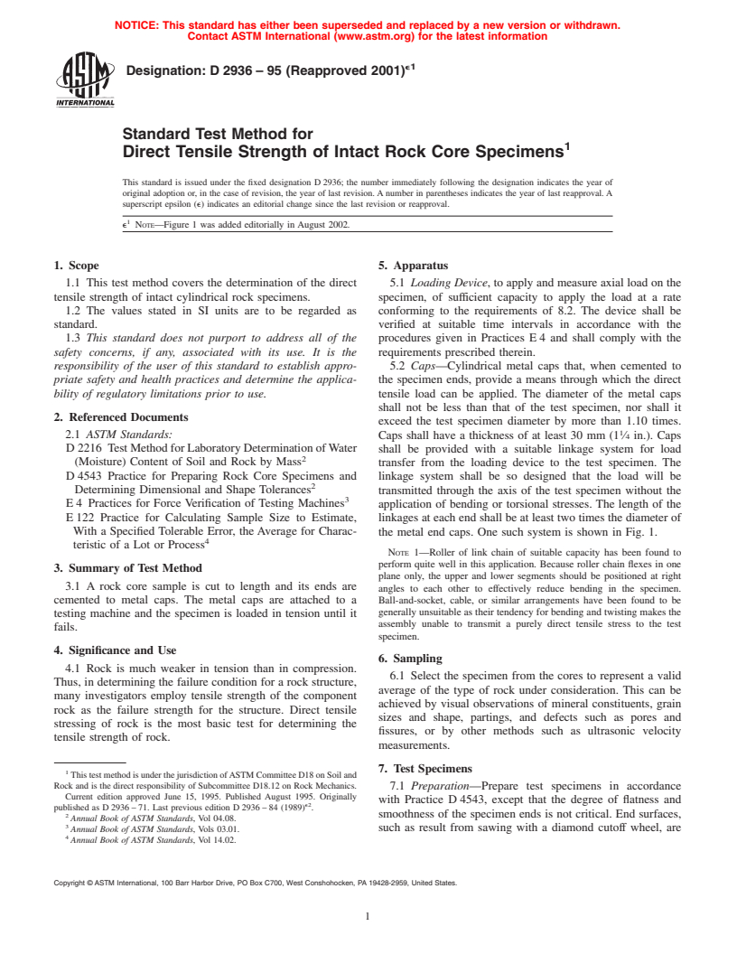 ASTM D2936-95(2001)e1 - Standard Test Method for Direct Tensile Strength of Intact Rock Core Specimens