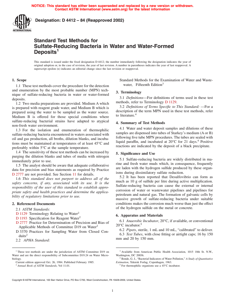 ASTM D4412-84(2002) - Standard Test Methods for Sulfate-Reducing Bacteria in Water and Water-Formed Deposits