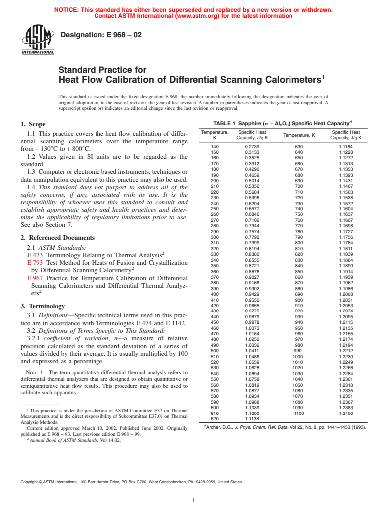 ASTM E968-02 - Standard Practice for Heat Flow Calibration of Differential Scanning Calorimeters