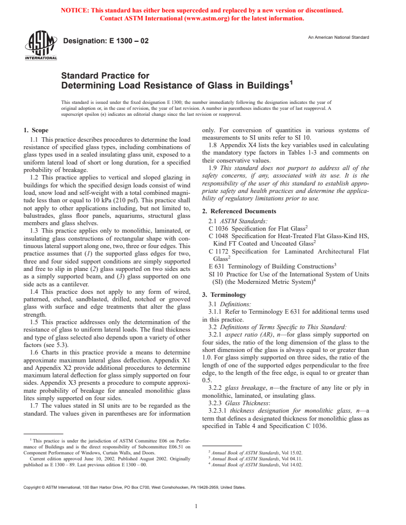ASTM E1300-02 - Standard Practice for Determining Load Resistance of Glass in Buildings