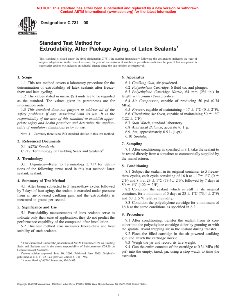 ASTM C731-00 - Standard Test Method for Extrudability, After Package Aging, of Latex Sealants