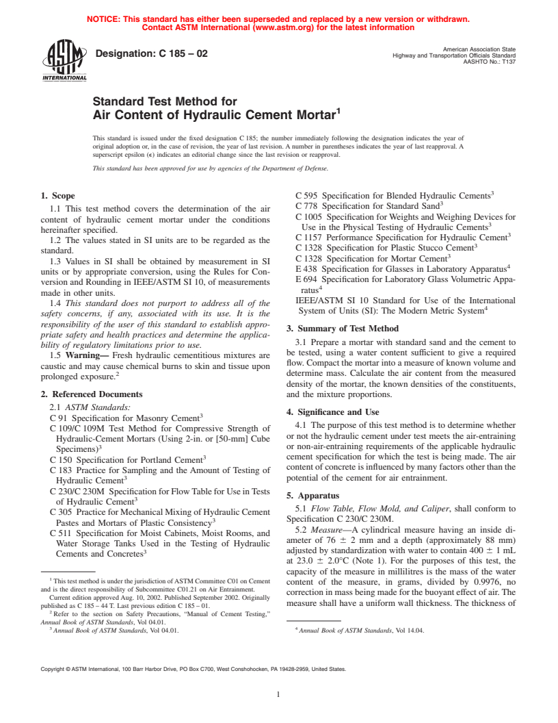 ASTM C185-02 - Standard Test Method for Air Content of Hydraulic Cement Mortar