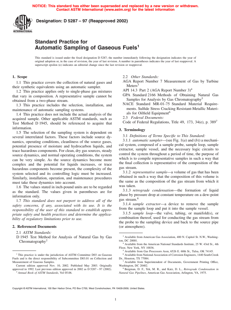 ASTM D5287-97(2002) - Standard Practice for Automatic Sampling of Gaseous Fuels