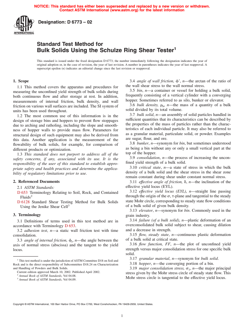 ASTM D6773-02 - Standard Shear Test Method for Bulk Solids Using the Schulze Ring Shear Tester