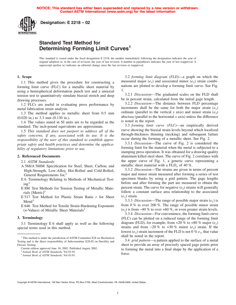 ASTM E2218-02 - Standard Test Method for Determining Forming Limit Curves