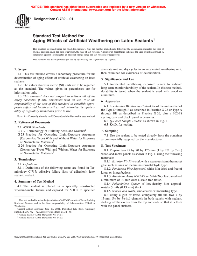 ASTM C732-01 - Standard Test Method for Aging Effects of Artificial Weathering on Latex Sealants