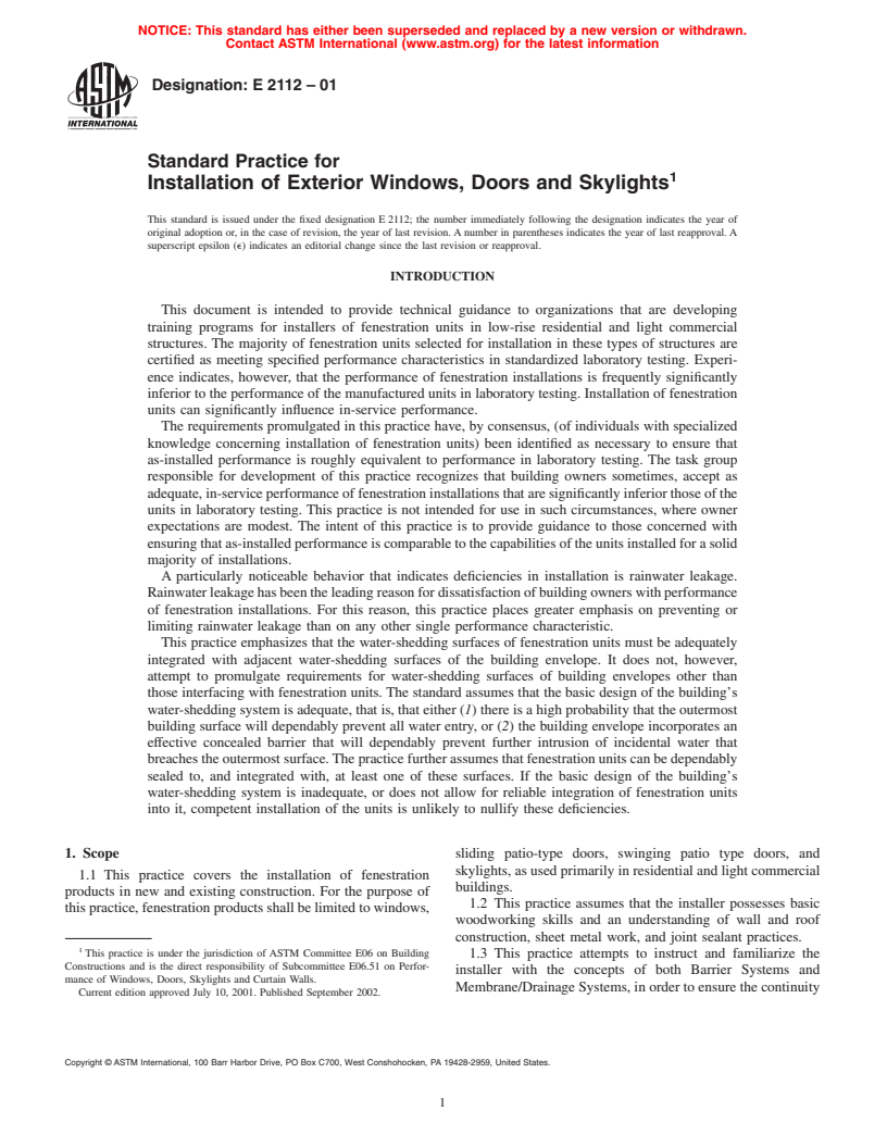 ASTM E2112-01 - Standard Practice for Installation of Exterior Windows, Doors and Skylights