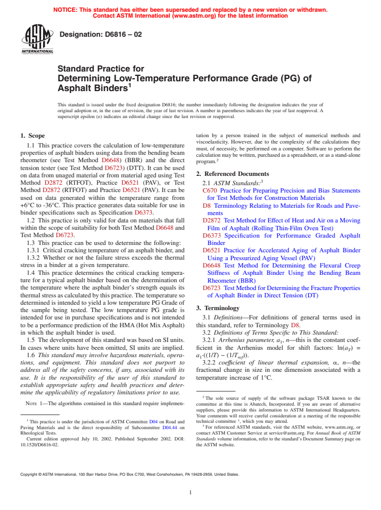 ASTM D6816-02 - Standard Practice for Determining Low-Temperature Performance Grade (PG) of Asphalt Binders (Withdrawn 2011)