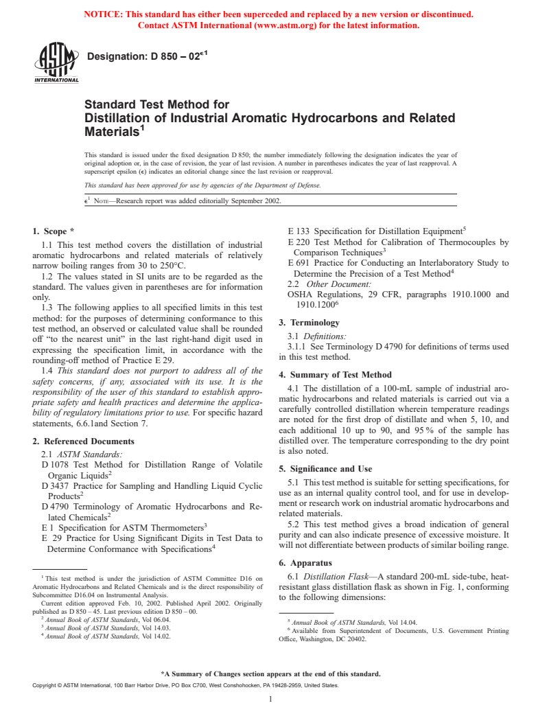 ASTM D850-02e1 - Standard Test Method for Distillation of Industrial Aromatic Hydrocarbons and Related Materials