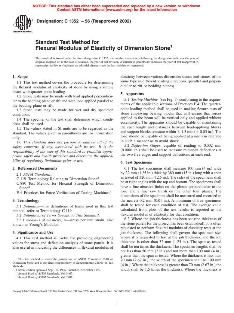 ASTM C1352-96(2002) - Standard Test Method for Flexural Modulus of Elasticity of Dimension Stone