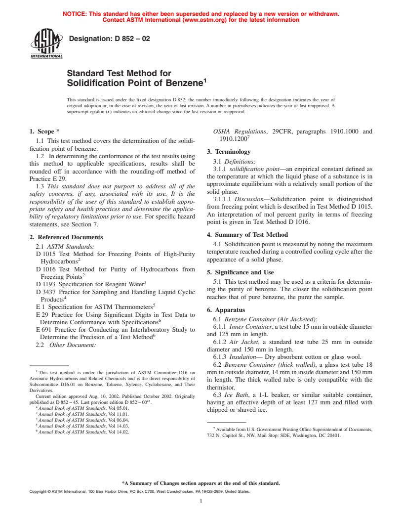 ASTM D852-02 - Standard Test Method for Solidification Point of Benzene