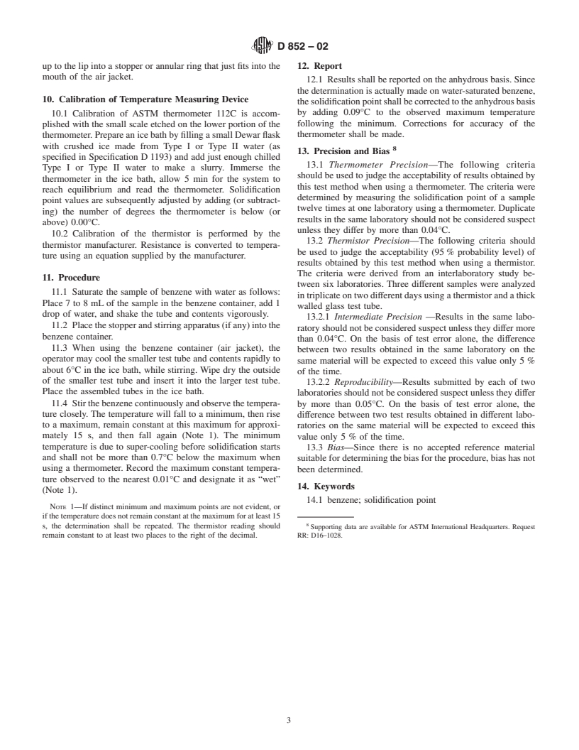 ASTM D852-02 - Standard Test Method for Solidification Point of Benzene