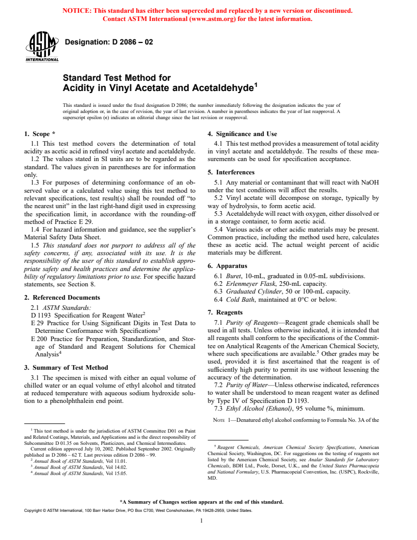 ASTM D2086-02 - Standard Test Method for Acidity in Vinyl Acetate and Acetaldehyde