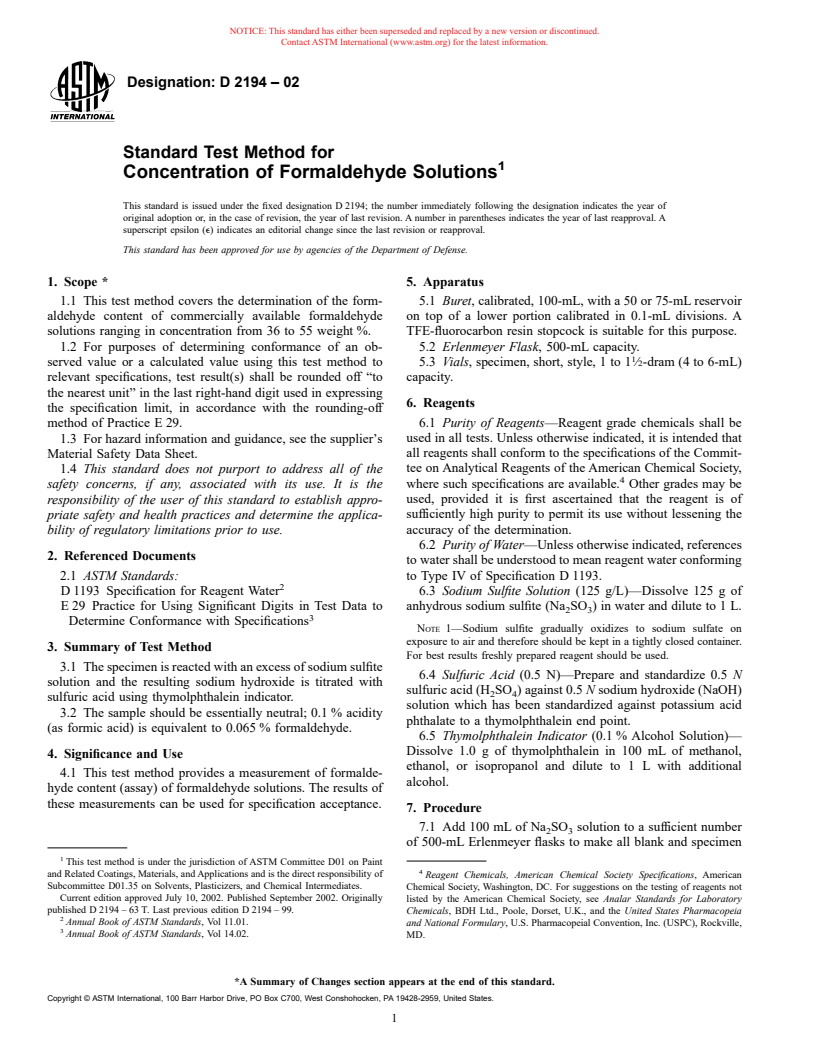 ASTM D2194-02 - Standard Test Method for Concentration of Formaldehyde Solutions