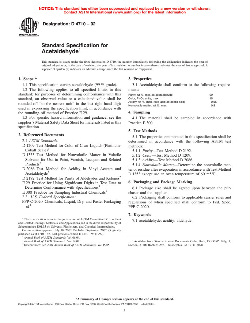 ASTM D4710-02 - Standard Specification for Acetaldehyde