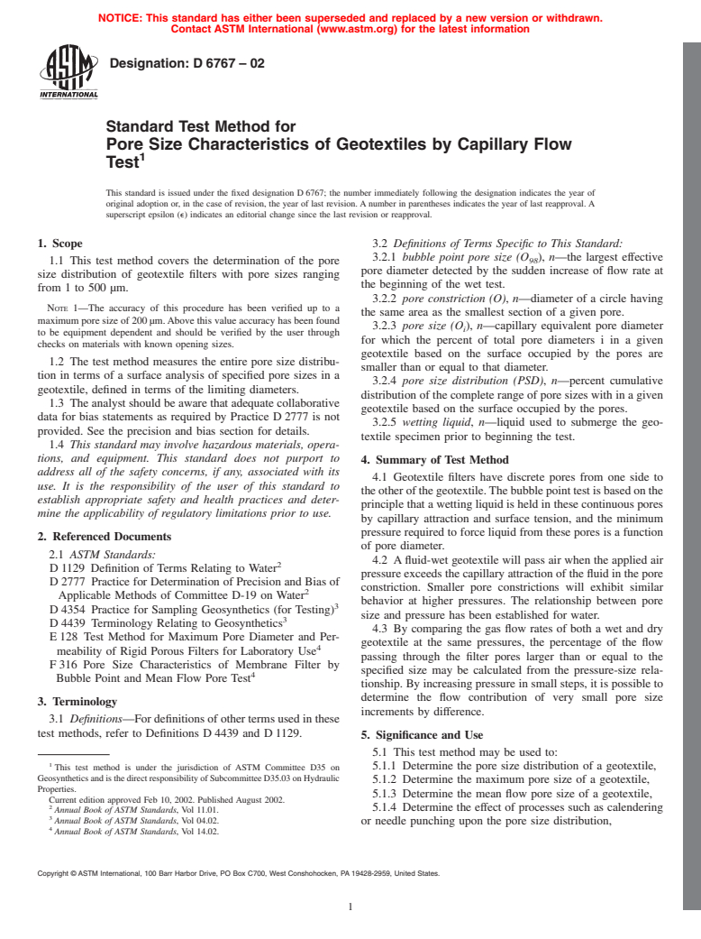 ASTM D6767-02 - Standard Test Method for Pore Size Characteristics of Geotextiles by Capillary Flow Test