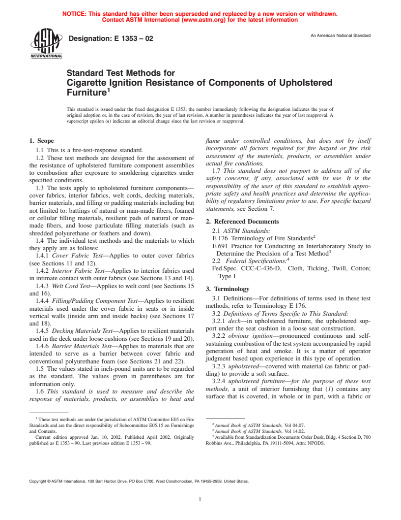 ASTM E1353-02 - Standard Test Methods for Cigarette Ignition Resistance of Components of Upholstered Furniture