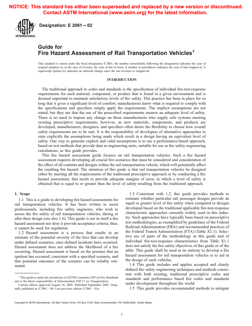 ASTM E2061-02 - Guide for Fire Hazard Assessment of Rail Transportation Vehicles