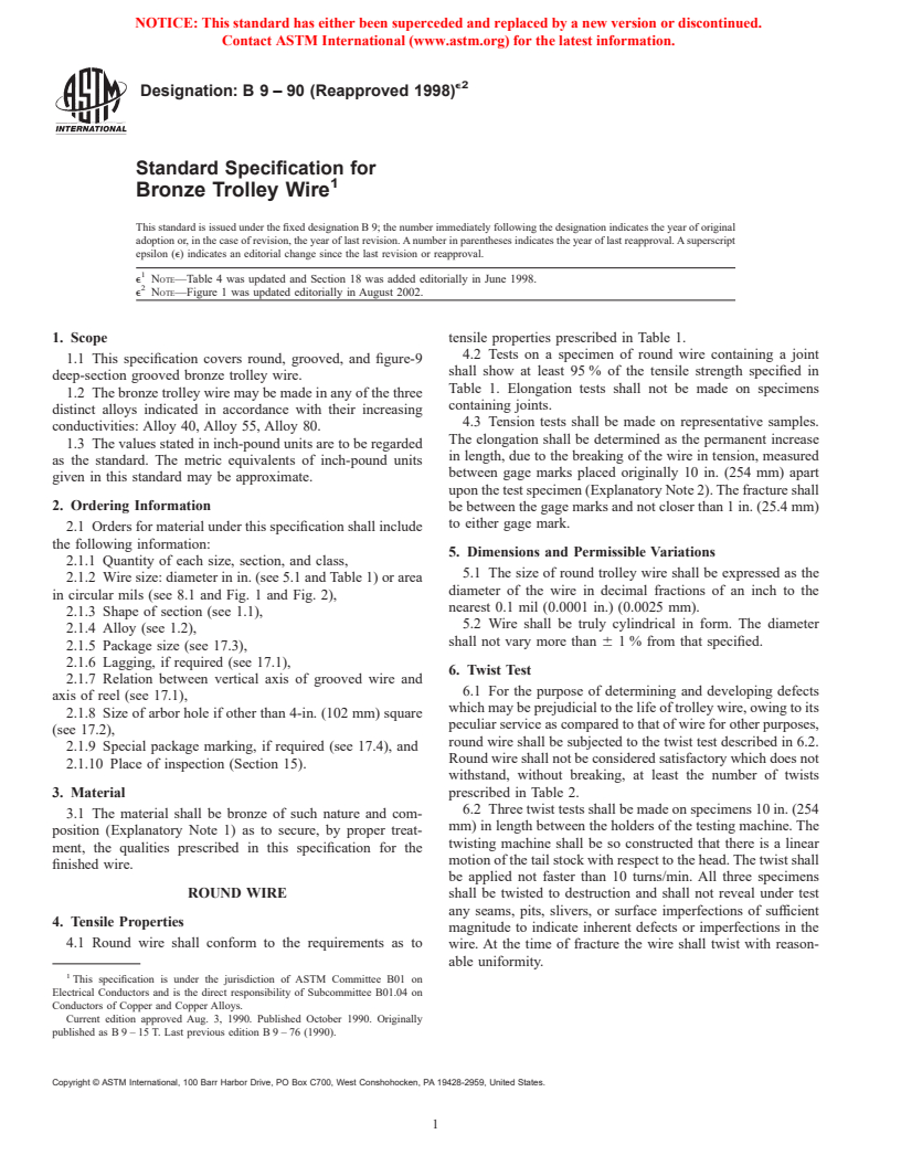 ASTM B9-90(1998)e2 - Standard Specification for Bronze Trolley Wire