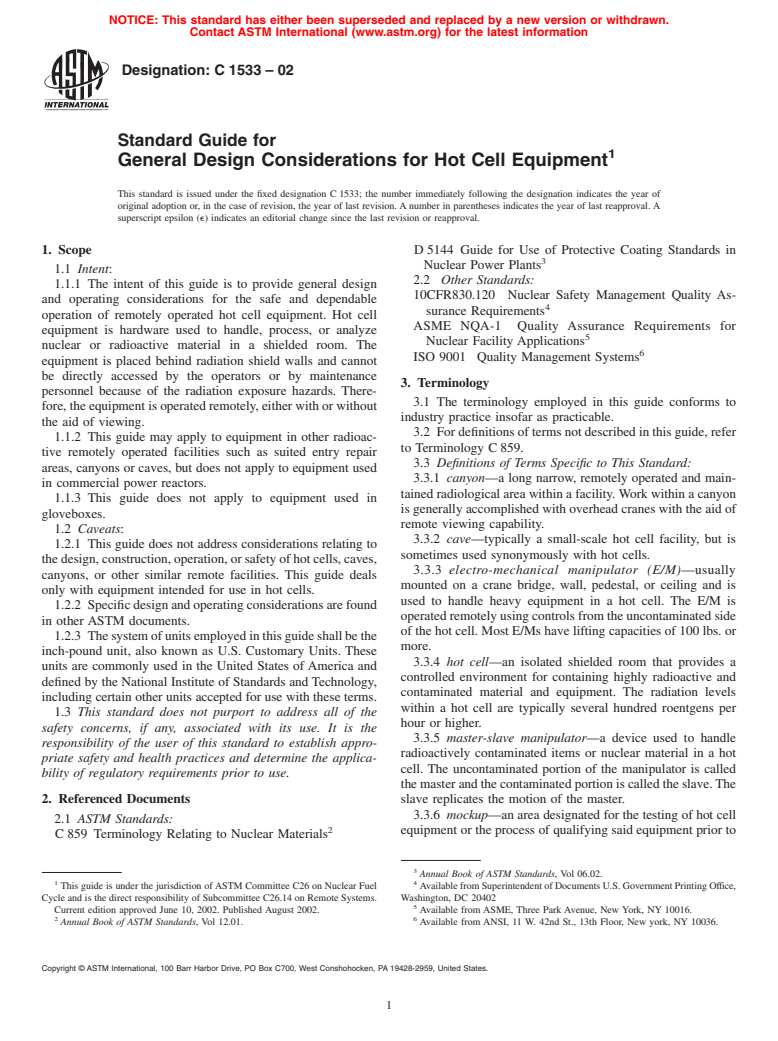 ASTM C1533-02 - Standard Guide for General Design Considerations for Hot Cell Equipment