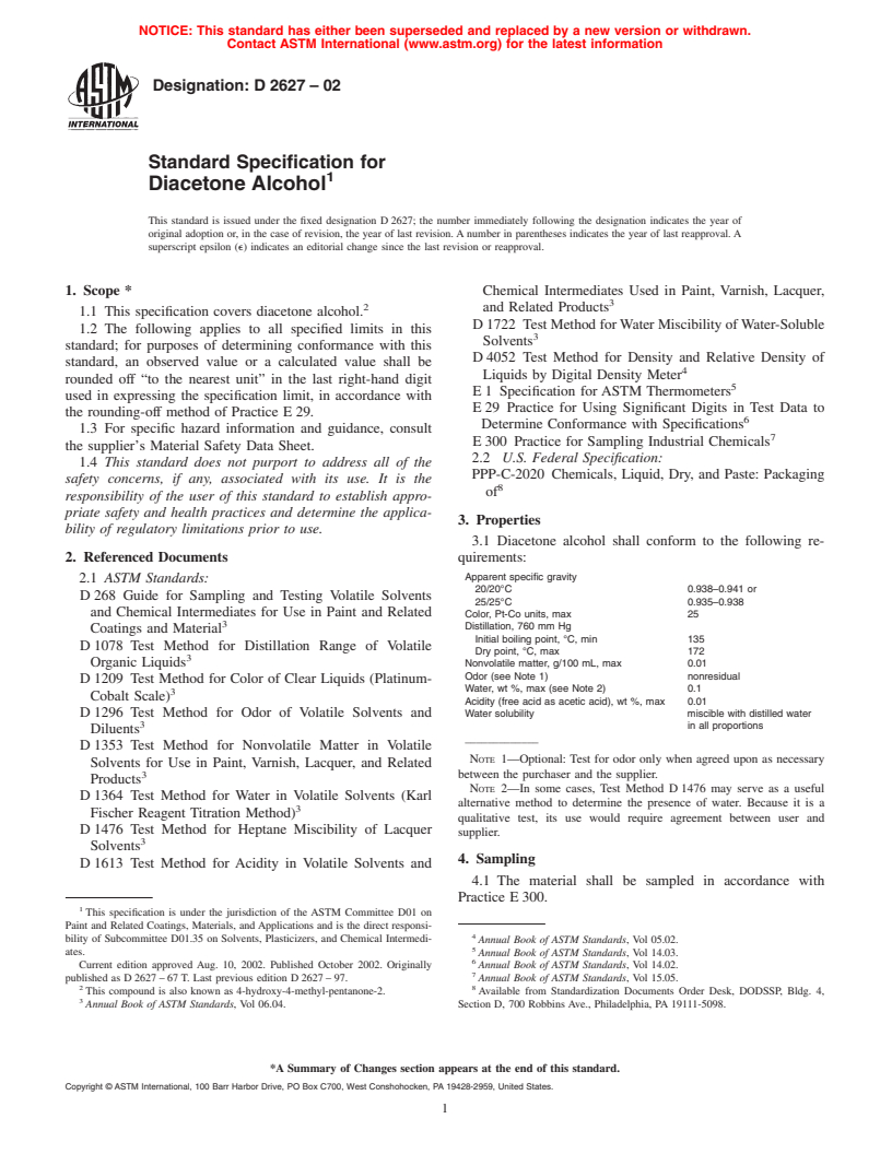 ASTM D2627-02 - Standard Specification for Diacetone Alcohol