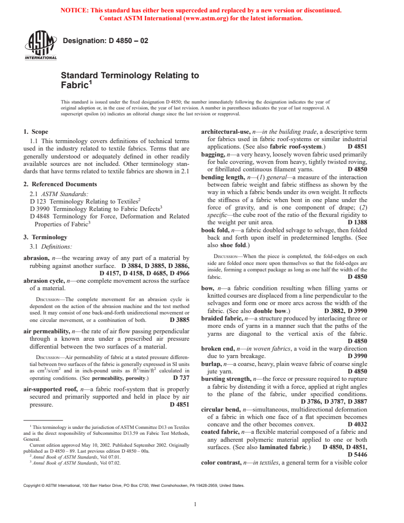 ASTM D4850-02 - Standard Terminology Relating to Fabric