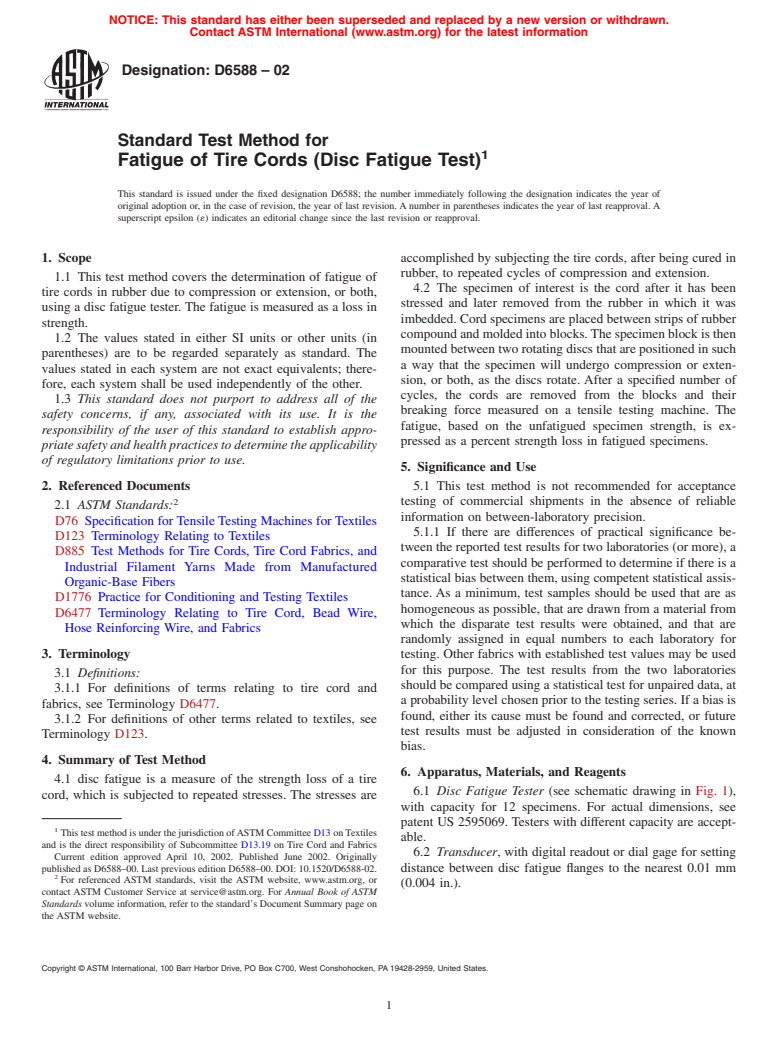 ASTM D6588-02 - Standard Test Method for Fatigue of Tire Cords (Disc Fatigue Test)