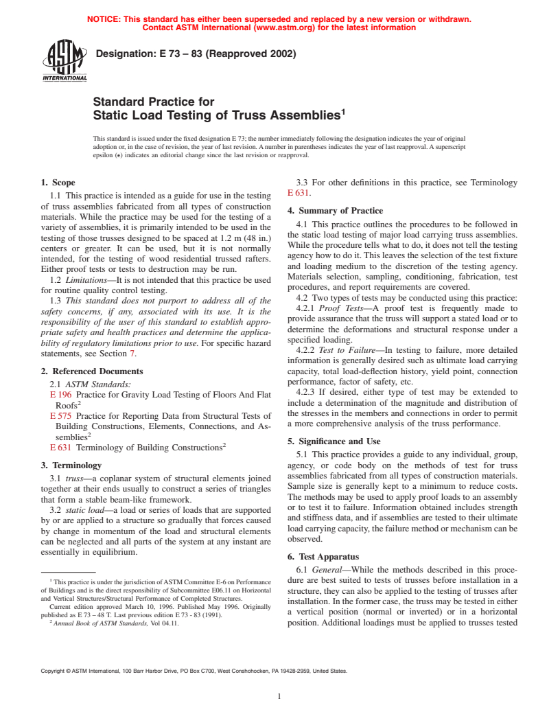 ASTM E73-83(2002) - Standard Practice for Static Load Testing of Truss Assemblies