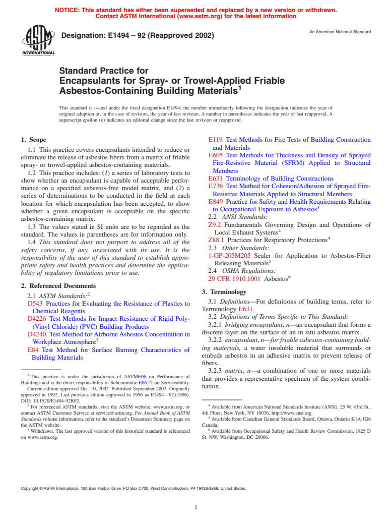 ASTM E1494-92(2002) - Standard Practice for Encapsulants for Spray- or Trowel-Applied Friable Asbestos-Containing Building Materials