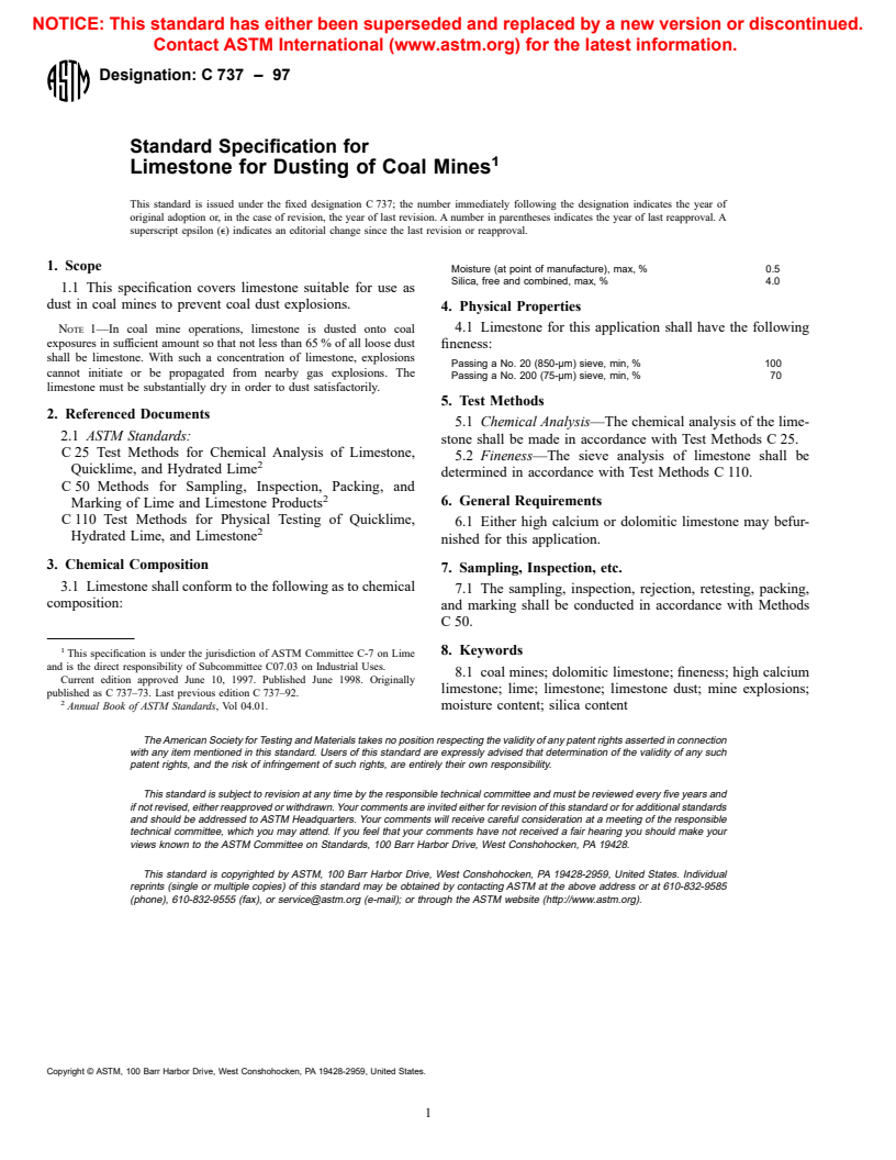 ASTM C737-97 - Standard Specification for Limestone for Dusting of Coal Mines