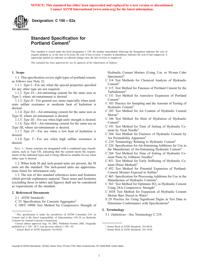 ASTM C150-02a - Standard Specification for Portland Cement