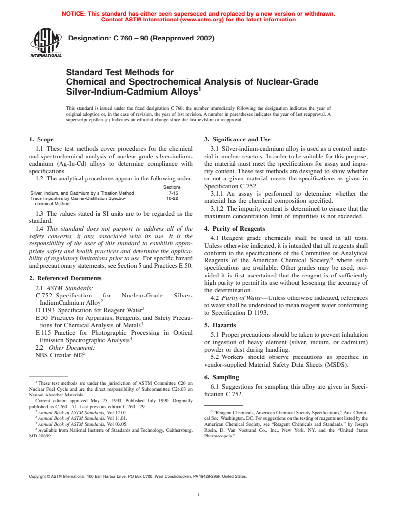 ASTM C760-90(2002) - Standard Test Methods for Chemical and Spectrochemical Analysis of Nuclear-Grade Silver-Indium-Cadmium Alloys