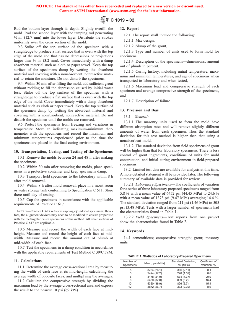 ASTM C1019-02 - Standard Test Method for Sampling and Testing Grout