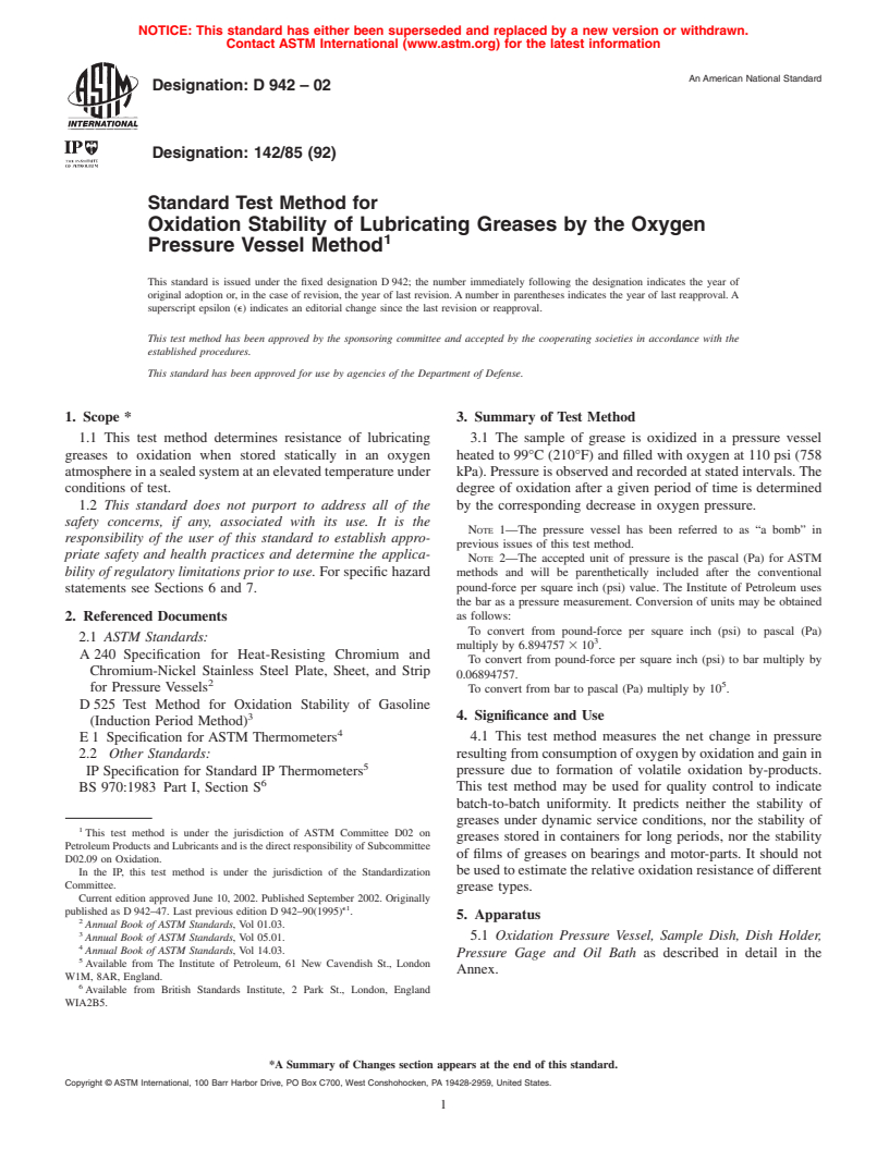 ASTM D942-02 - Standard Test Method for Oxidation Stability of Lubricating Greases by the Oxygen Bomb Method