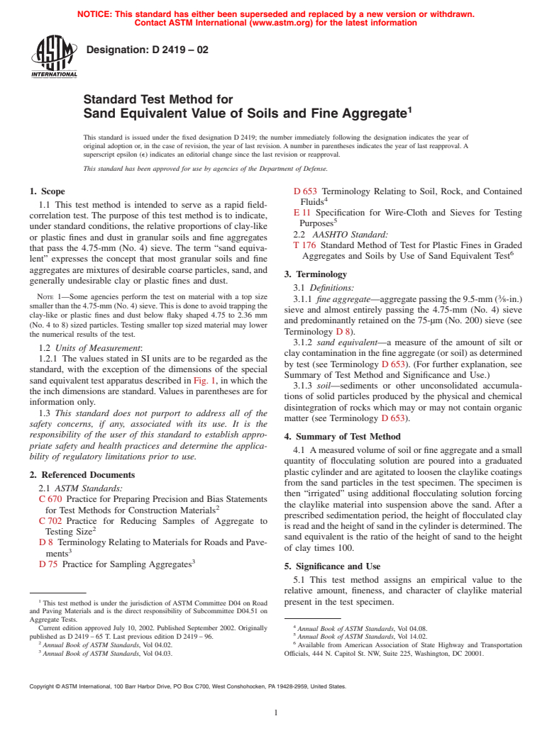 ASTM D2419-02 - Standard Test Method for Sand Equivalent Value of Soils and Fine Aggregate