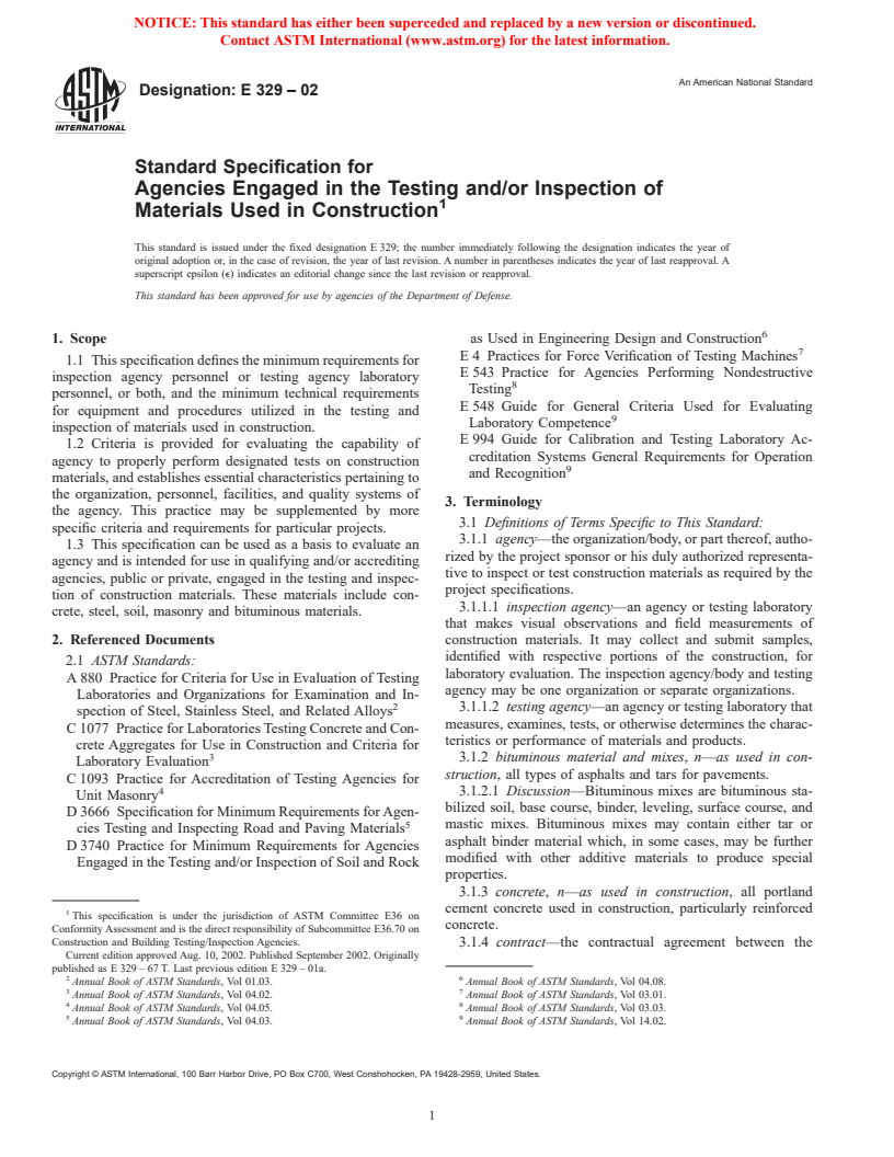 ASTM E329-02 - Standard Specification for Agencies Engaged in the Testing and/or Inspection of Materials Used in Construction