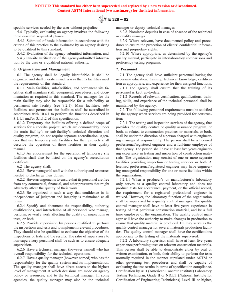 ASTM E329-02 - Standard Specification for Agencies Engaged in the Testing and/or Inspection of Materials Used in Construction